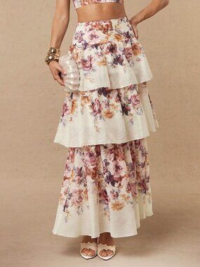 Apricot Boho Women's Elegant Vacation Layered Ruffle Hem Printed A-Line Skirt